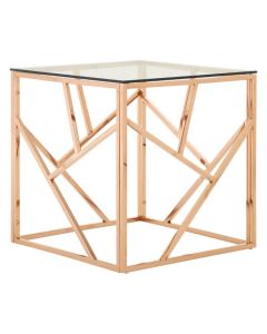 Anaco Glass Top Side Table In Rose Gold Geometric Stainless Steel Frame