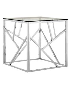 Anaco Clear Glass Side Table With Silver Geometric Metal Frame