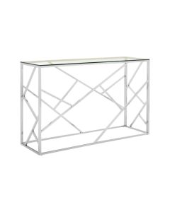 Anaco Clear Glass Console Table In Silver Geometric Stainless Steel Frame