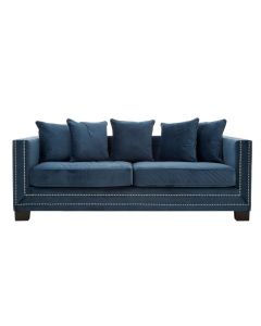 Safara Velvet 3 Seater Sofa In Midnight Blue With Wooden Legs