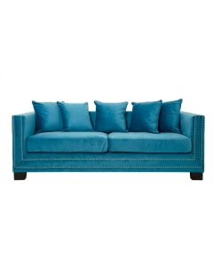 Safara Velvet 3 Seater Sofa In Cyan Blue With Wooden Legs
