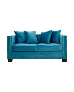 Safara Velvet 2 Seater Sofa In Cyan Blue With Wooden Legs