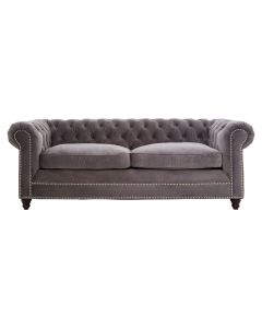 Stella Polyester Velvet 3 Seater Sofa In Grey With Carved Wooden Feets