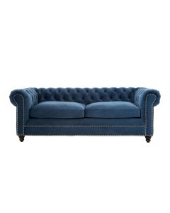 Stella Polyester Velvet 3 Seater Sofa In Midnight Blue With Carved Wooden Feets