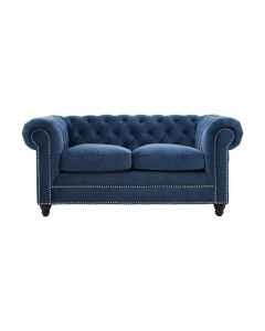 Stella Polyester Velvet 2 Seater Sofa In Midnight Blue With Carved Wooden Feets