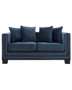 Safara Velvet 2 Seater Sofa In Midnight Blue With Wooden Legs