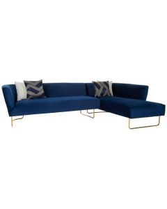 Ripon Velvet Upholstered Corner Sofa In Dark Blue With Gold Metal Legs