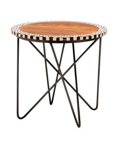 Achille Round Wooden Side Table In Natural With Black Metal Legs