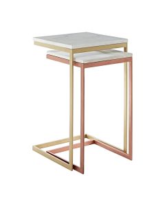 Nirav White Marble Nest Of 2 Tables With Gold And Copper Metal Frame