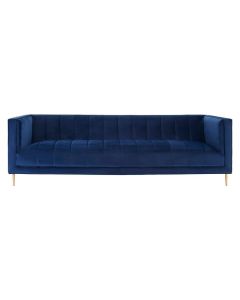 Odell Velvet 3 Seater Sofa In Deep Blue With Gold Metal Legs