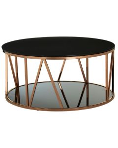 Aurora Round Glass Top Coffee Table In Black With Rose Gold Frame