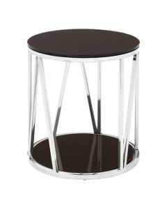 Aurora Round Glass Top Side Table In Black With Chrome Frame