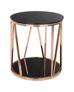 Aurora Round Glass Top Side Table In Black With Rose Gold Frame