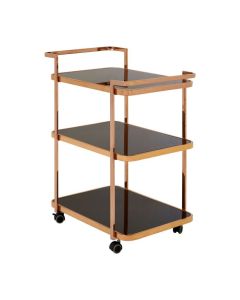 Aurora 3 Tier Drinks Trolley With Black Glass Shelves And Rose Gold Frame