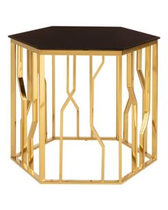 Aurora Hexagonal Glass Top Side Table In Black With Gold Frame