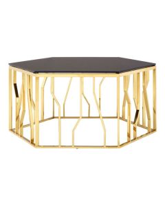Aurora Hexagonal Glass Top Coffee Table In Black With Gold Frame