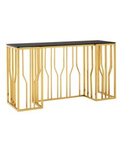 Aurora Rectangular Glass Top Console Table In Black With Gold Frame