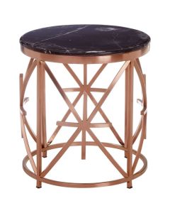 Aurora Round Marble Top Side Table In Black With Rose Gold Frame