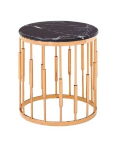 Aurora Round Marble Top Side Table In Black With Copper Frame