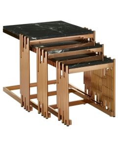 Aurora Marble Top Nest Of 3 Tables In Black With Rose Gold Frame