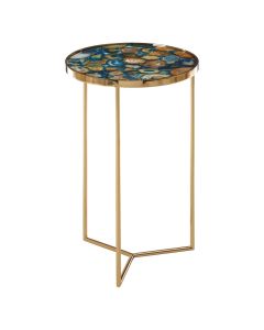 Vita Square Agate Stone Side Table In Blue With Gold Metal Frame