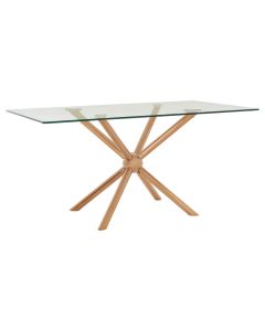 Novo Clear Glass Top Dining Table In Cross Rose Gold Steel Legs