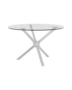 Novo Round Clear Glass Top Dining Table In Cross Silver Steel Legs