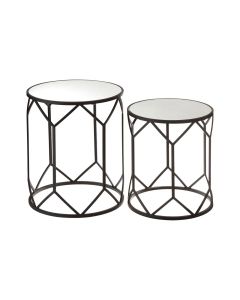 Avantis Mirrored Glass Set Of 2 Side Tables With Black Polygonal Frame