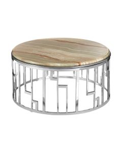 Ripley Round Onyx Stone Coffee Table In Natural With Silver Base