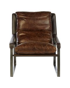 Hoxton Genuine Leather Lounge Chair In Brown With Angular Metal Legs