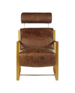 Hoxton Genuine Leather Lounge Chair In Brown With Rich Gold Metal Legs