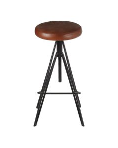 Nandri Round Faux Leather Stool In Brown With Black Metal Legs