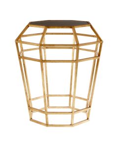 Zariah Drum Shape Glass Side Table In Black With Gold Metal Frame