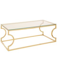 Alton Rectangular Clear Glass Coffee Table With Gold Curved Base