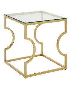 Alton Clear Glass End Table With Gold Curved Design Metal Base
