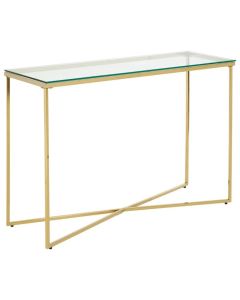 Alton Clear Glass Console Table With Gold Cross Design Metal Base