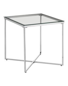 Alton Small Clear Glass End Table With Silver Cross Design Base