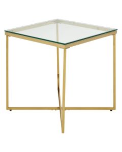 Alton Small Clear Glass End Table With Gold Cross Design Base