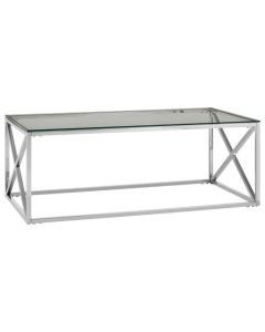 Alton Clear Glass Coffee Table With Chrome Cross Design Metal Base