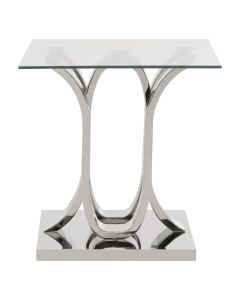 Allure Square Clear Glass End Table With Curved Stainless Steel Base