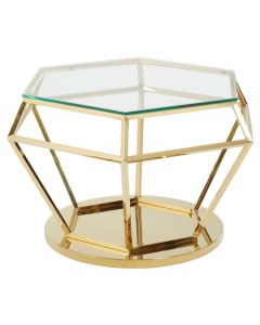 Alton Large Diamond Design Clear Glass Side Table With Gold Base