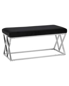 Allure Velvet Upholstered Dining Bench In Black With Silver Metal Frame