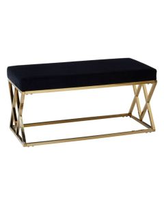 Allure Velvet Upholstered Dining Bench In Black With Gold Metal Frame