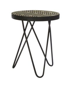 Baird Round Wooden Side Table In Black Metal Legs