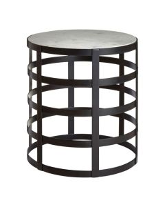Calixtus Round Marble Top Side Table In White With Black Grid Frame