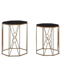 Trento Black Glass Top Set Of 2 End Tables With Slim Rich Copper Frame