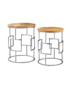 Alloa Round Wooden Set Of 2 Side Tables With Stainless Steel Base