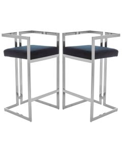 Amberley Black Velvet Bar Stools With Silver Frame In Pair