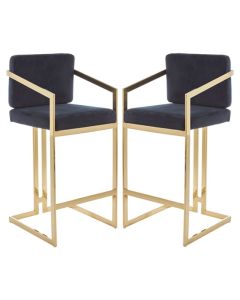 Amberley Black Velvet Bar Stools With Gold Frame In Pair