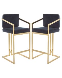 Amberley Black Velvet Bar Stools With Gold Frame In Pair